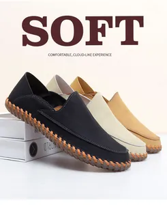 Detailed view of handmade men's moccasins in black, beige, and tan color options