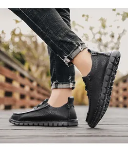 Stylish black men's casual leather shoes with non-slip soft sole for outdoor walking