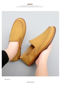 Flexible handmade men's yellow leather loafers showing high quality soft gum sole detail.