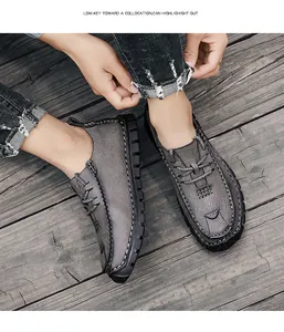 Men's outdoor grey leather casual shoes with non-slip soft sole and lace-up detail