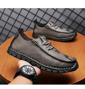 Close-up of men's casual leather shoes with textured finish and durable soft sole