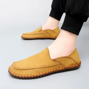 Men's Casual Loafers Hand-Stitched Microfiber Leather Driving Shoes With Gum Rubber Sole Soft Slip-On Flat Large Size Shoes