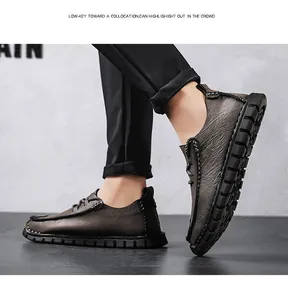 Side view of men's casual brown leather shoes with durable non-slip thick black sole