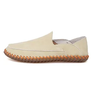 Men's beige leather loafers with durable gum sole and unique orange hand-stitching