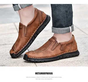 Bruine echt lederen zakelijke casual loafers voor heren met fijn zichtbaar stiksel