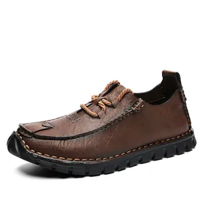 Men's casual brown leather shoes featuring a non-slip soft sole and lace-up design