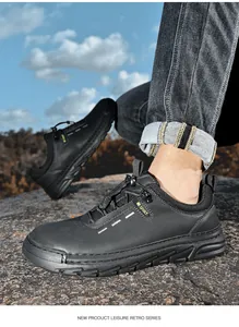 Men's outdoor hiking shoes, black leather casual footwear for rugged terrain
