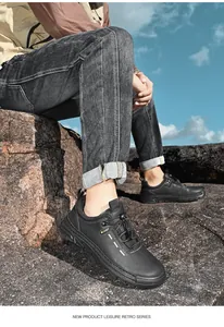 Black men's outdoor casual leather shoes with wear-resistant hiking soles and retro style