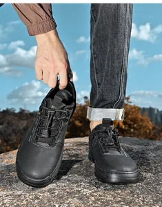 Durable black men's outdoor casual hiking shoes with non-slip leather finish and quick laces