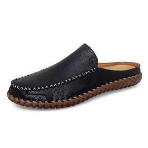 Lässige Herren-Leder-Loafer ohne Rücken in Schwarz mit Kontrastnähten