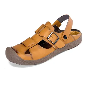 Sandales de plage en cuir pour hommes avec bout fermé protecteur et boucle