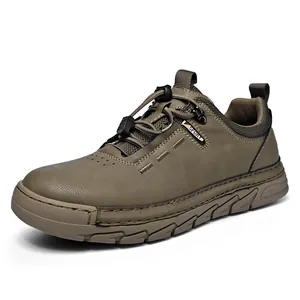 Durable men's outdoor hiking shoes in khaki brown leather with anti-slip rubber sole