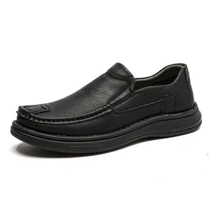 Detailed side view of black men's slip-on leather loafers with soft comfort sole