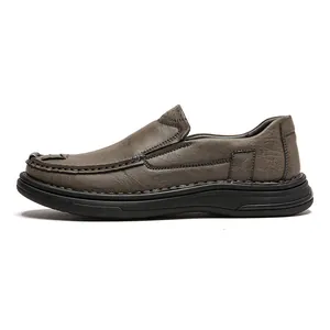 Side profile detail of men's brown slip-on casual loafers with soft sole