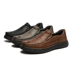 Three colors of men's casual slip-on loafers in black, grey and brown on white background.