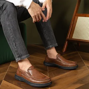 Casual brown leather loafers for men with slip-on design and soft thick sole