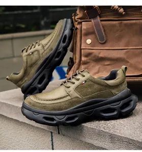 Chaussures Derby pour hommes en cuir vert olive avec semelles épaisses et en daim