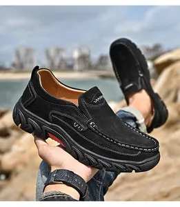 Detailed view of men's matte leather outdoor loafers with non-slip thick soles