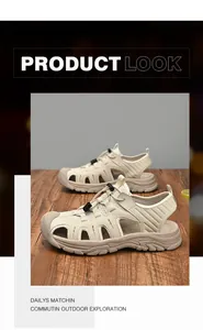 Detailed view of beige men's breathable outdoor closed-toe sandals displayed on a wooden surface
