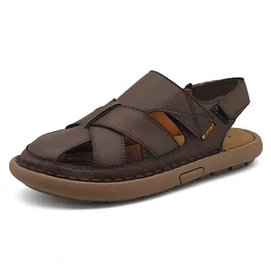 Classic brown men's leather outdoor sandals featuring a breathable hollow-out Roman design