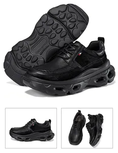 Détails des chaussures Derby en cuir noir à semelle épaisse pour hommes.