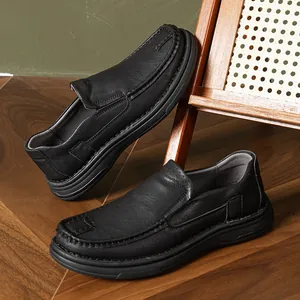 Men's casual black leather loafers with soft sole and slip-on design for elderly men