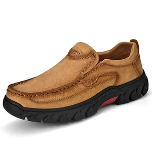 Men's Outdoor Casual Leather Work Shoes First Layer Cowhide Slip-on Nubuck Anti-slip Rubber Sole Low Top Loafers Walking Shoes