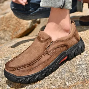 Men's outdoor slip-on casual shoes in brown matte nubuck leather with a non-slip sole