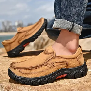 Men's outdoor casual tan nubuck leather slip-on loafers with durable non-slip rubber soles