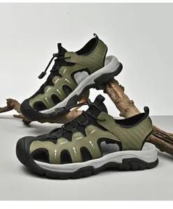 Detailed view of olive green outdoor sports sandals for men with breathable mesh design.