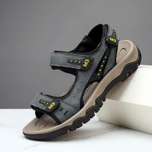 Sandales de Plage d'Été en Cuir de Vache Véritable pour Hommes Respirant Ajouré Antidérapant Chaussures d'Eau de Randonnée Trekking Auto-Agrippant