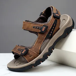 Sandales d'extérieur pour hommes en cuir de vachette marron, respirantes et légères