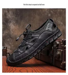 Professional close-up of black breathable leather outdoor sports sandals for men