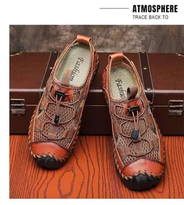 Detail view of men's leather outdoor sandals with breathable mesh and quick-lace