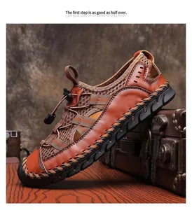 Detailed view of breathable mens leather outdoor sports sandals with mesh panels