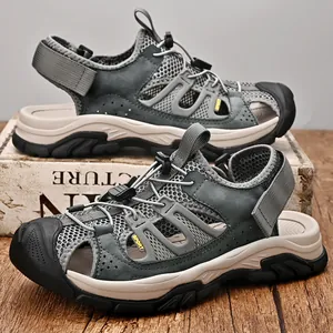 Sandali Sportivi da Uomo all'Aperto in Pelle e Mesh Traspirante Punta Chiusa Antiscivolo Scarpe da Trekking Spiaggia Velcro