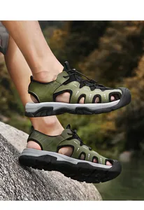 Detailed view of men's army green breathable outdoor sports sandals worn on feet.
