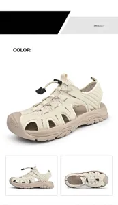 Men's breathable off-white closed-toe sports sandals with mesh and elastic toggle lace.
