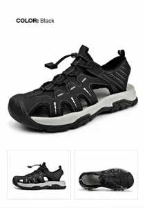 Detailed view of black breathable closed-toe outdoor sports sandals for men from multiple angles