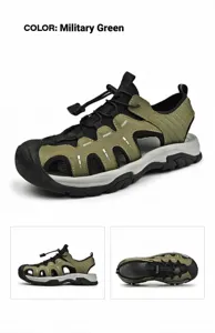 Detailed views of army green breathable outdoor sports sandals for men with closed-toe design