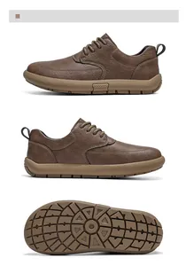 Drie aanzichten van bruine retro leren herenschoenen met zijprofiel en antislipzool