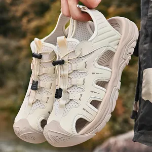 Men's breathable beige sport sandals with closed-toe design for outdoor hiking and casual wear.