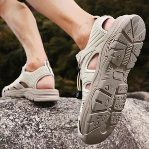 Beige men's breathable closed-toe outdoor sports sandals with non-slip durable rubber sole