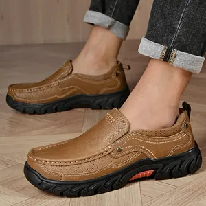 Chaussures décontractées en cuir véritable pour hommes avec semelles épaisses