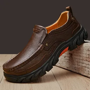 Chaussures homme en cuir véritable marron foncé avec semelle épaisse antidérapante de plein air