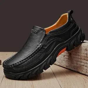 Chaussure décontractée en cuir véritable à semelle épaisse pour homme, antidérapante noire