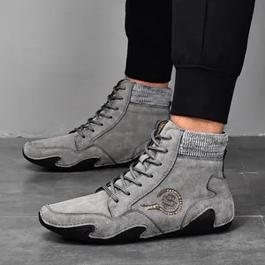 Botas Martin para Hombre Estilo Británico Cuero de Vaca Cuello de Calcetín de Punto Retro Casual Cordones Antideslizante