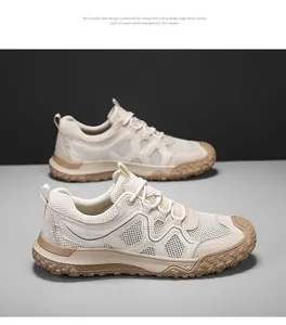 Détail des chaussures de randonnée en maille respirante pour hommes avec semelle épaisse.