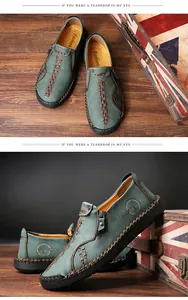 Chaussures décontractées pour hommes en cuir bleu-vert avec coutures vintage et zip