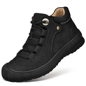 Durable black leather mid-top men's work boots designed for outdoor hiking and leisure